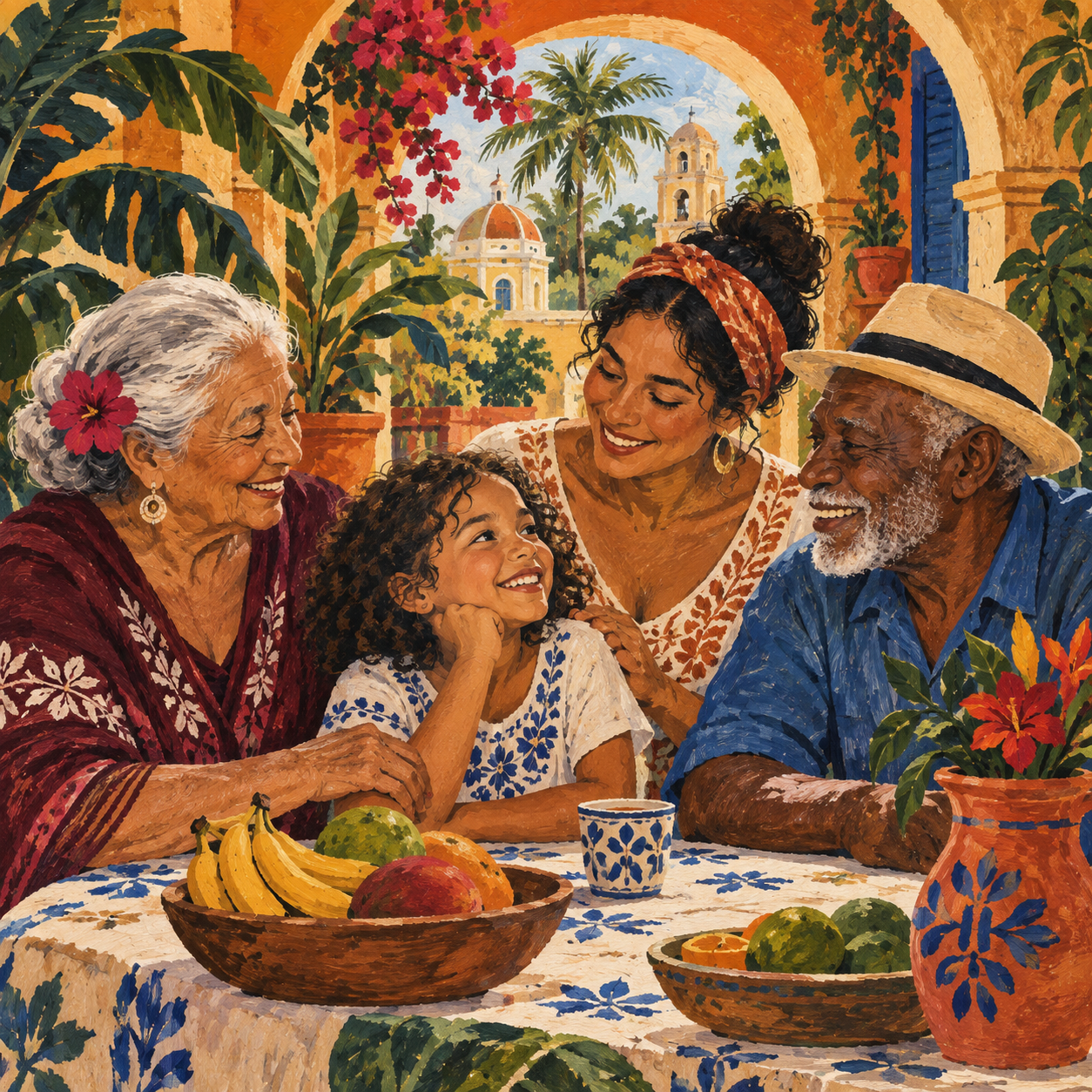 Ilustración de una abuela, un abuelo, una madre y una niña compartiendo un momento en familia
